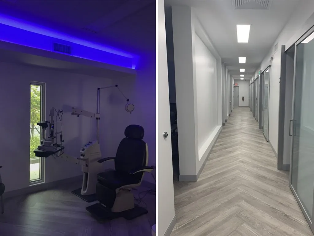 An examination room with blue lighting beside a corridor of treatment rooms
